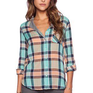 C&C California Split Neck Crinkle Plaid Shirt Canteloupe